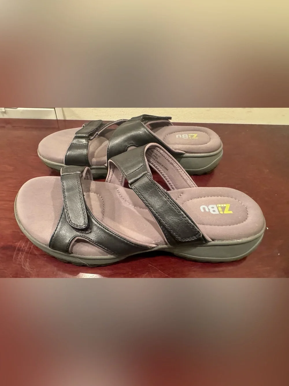 Women's Black Adjustable Leather Sandals by ZiBu - Size 7